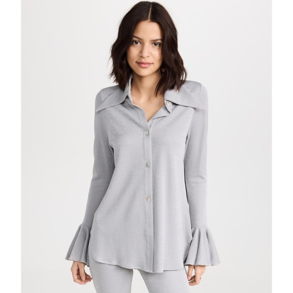 Sleeper Silver Metallic Lurex Button Down‎ Shirt Bell Sleeve Ruffle HC2211PP M